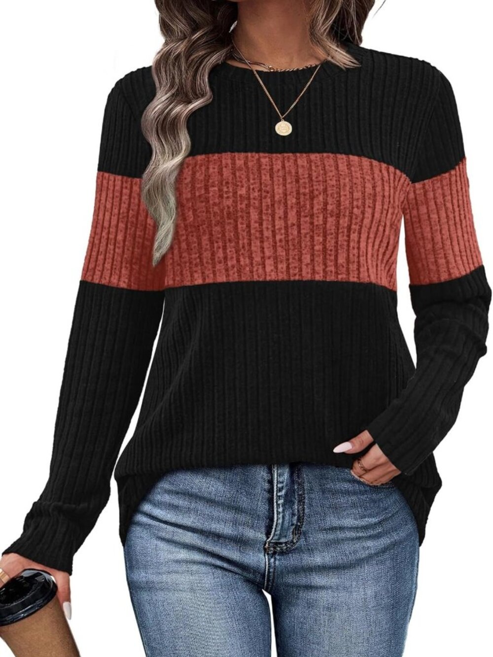 Trendy Color Block Long Sleeve Sweater Top for Fall & Winter Outfits 2026